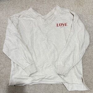 Gray V-Neck Long Sleeve Shirt with Red Love Print